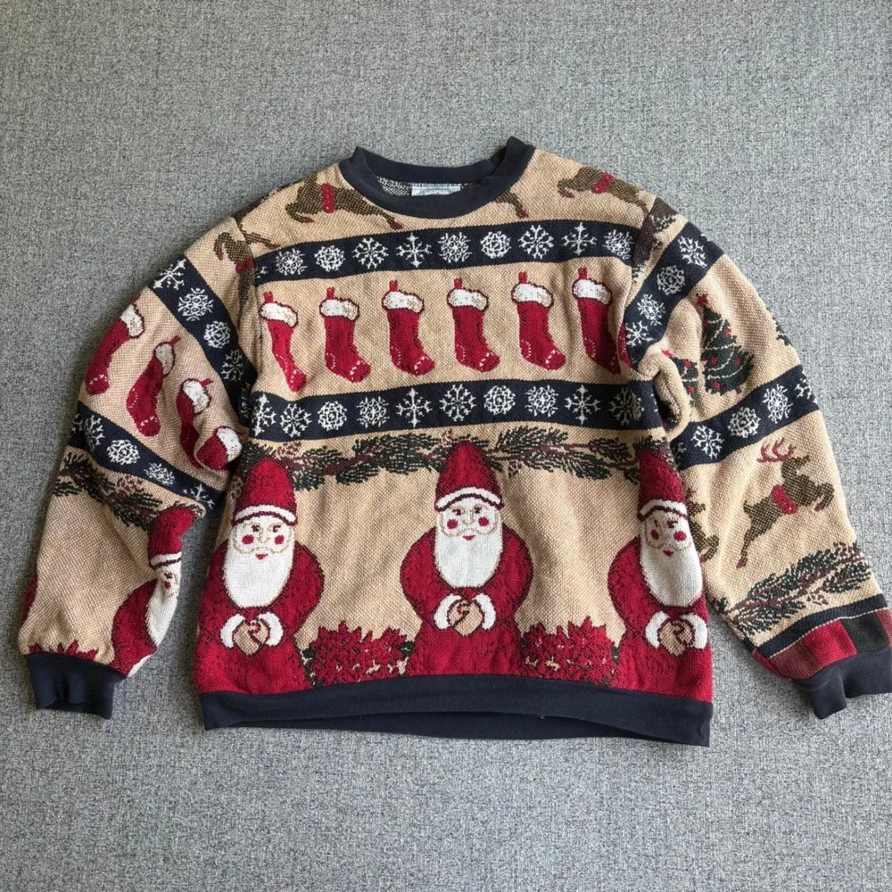 Sugar Street Weavers Sweater Unisex OS Tan Christmas Santa Reindeer Vintage USA